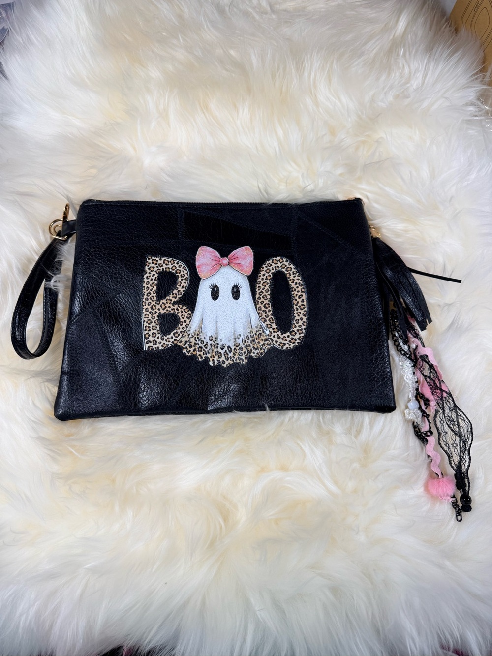 Black 'Boo' Ghost Wristlet Clutch with Pink Bow Accent